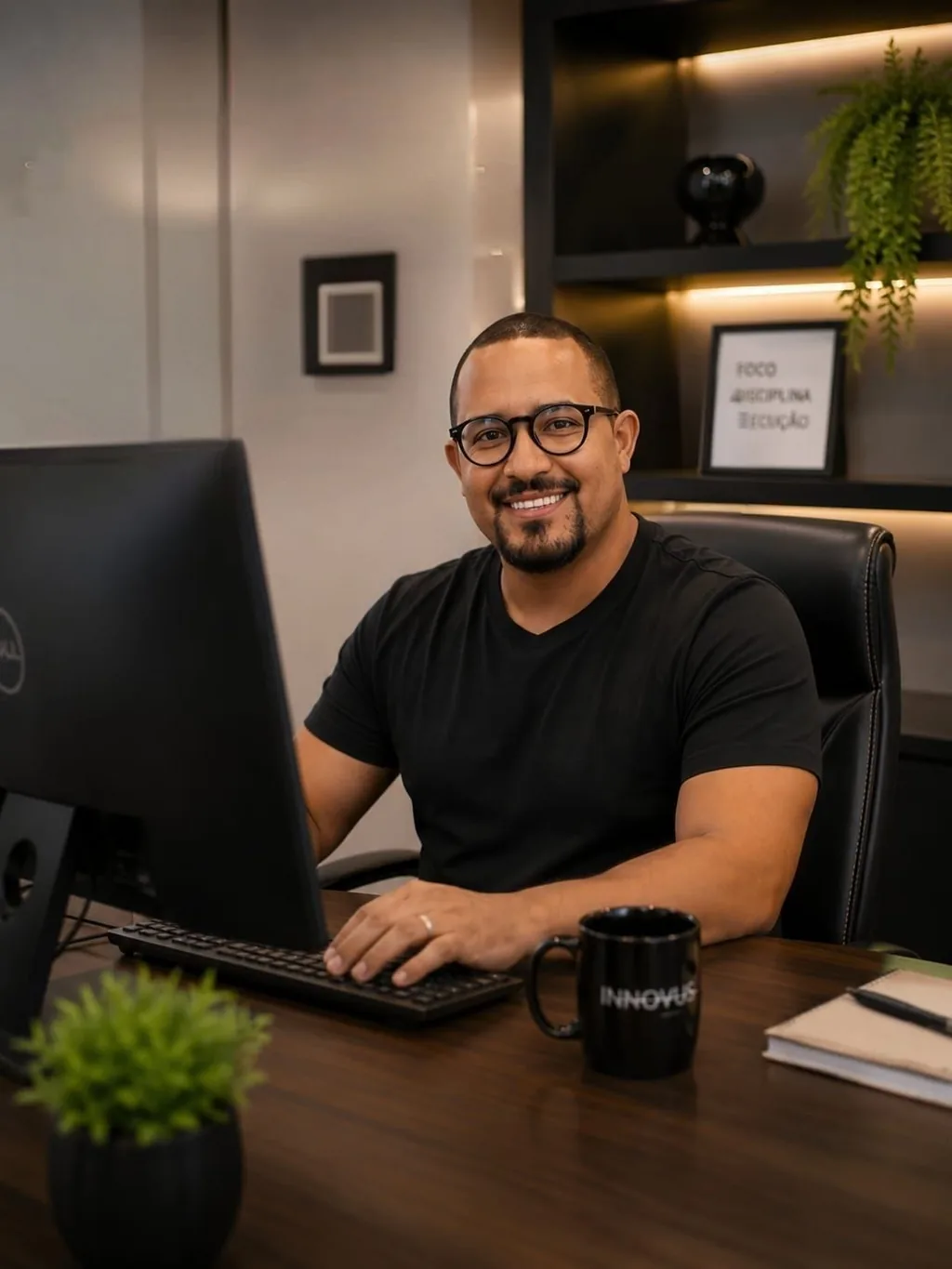 Contador da INNOVU'S sorrindo em seu escritório durante análise tributária